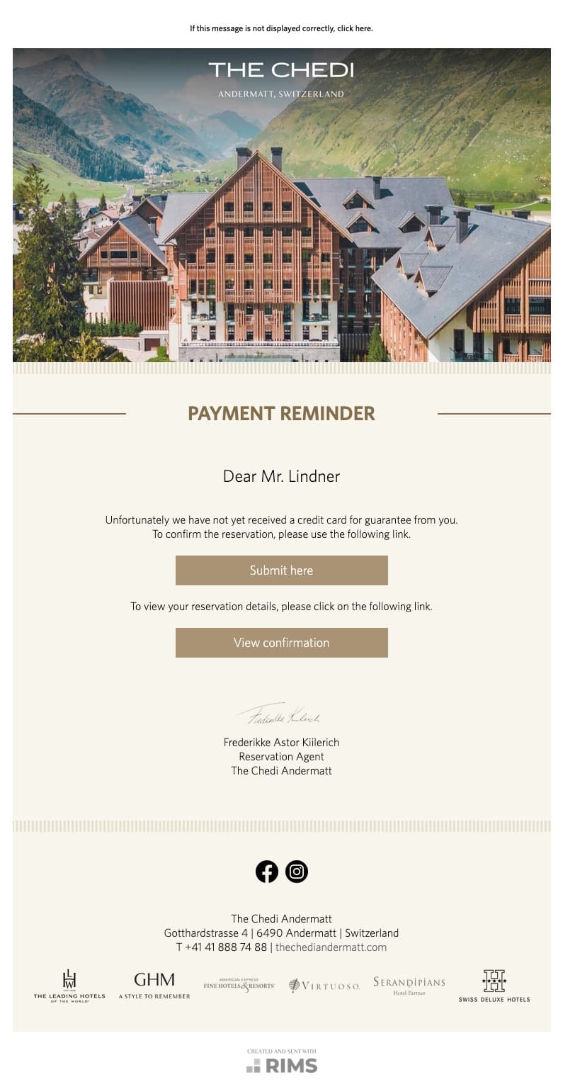 The Chedi Andermatt Payment Reminder