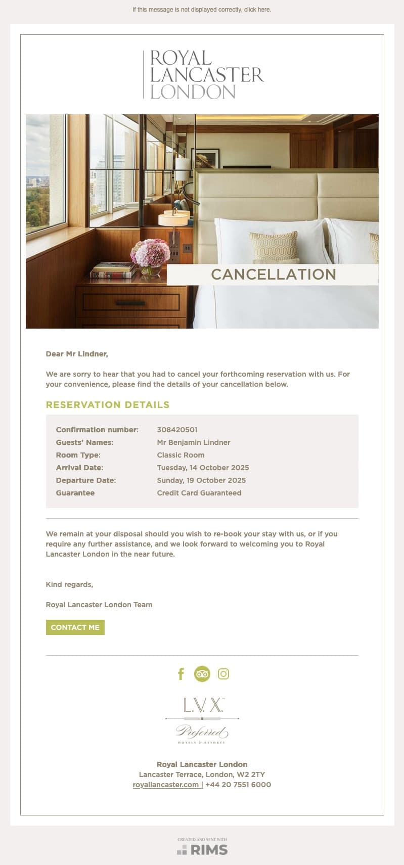 Royal Lancaster London Cancellation