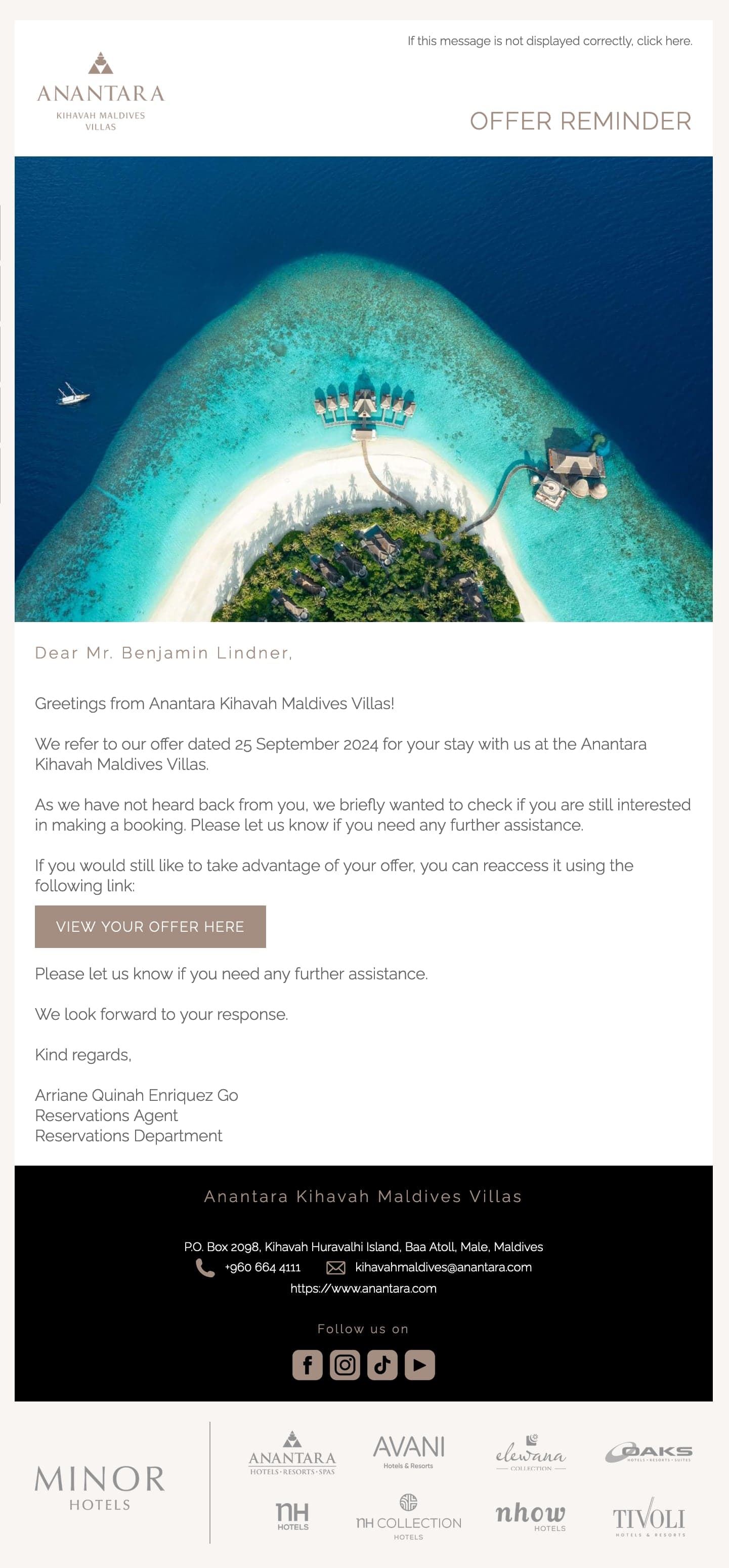 Anantara Kihavah Offer Reminder