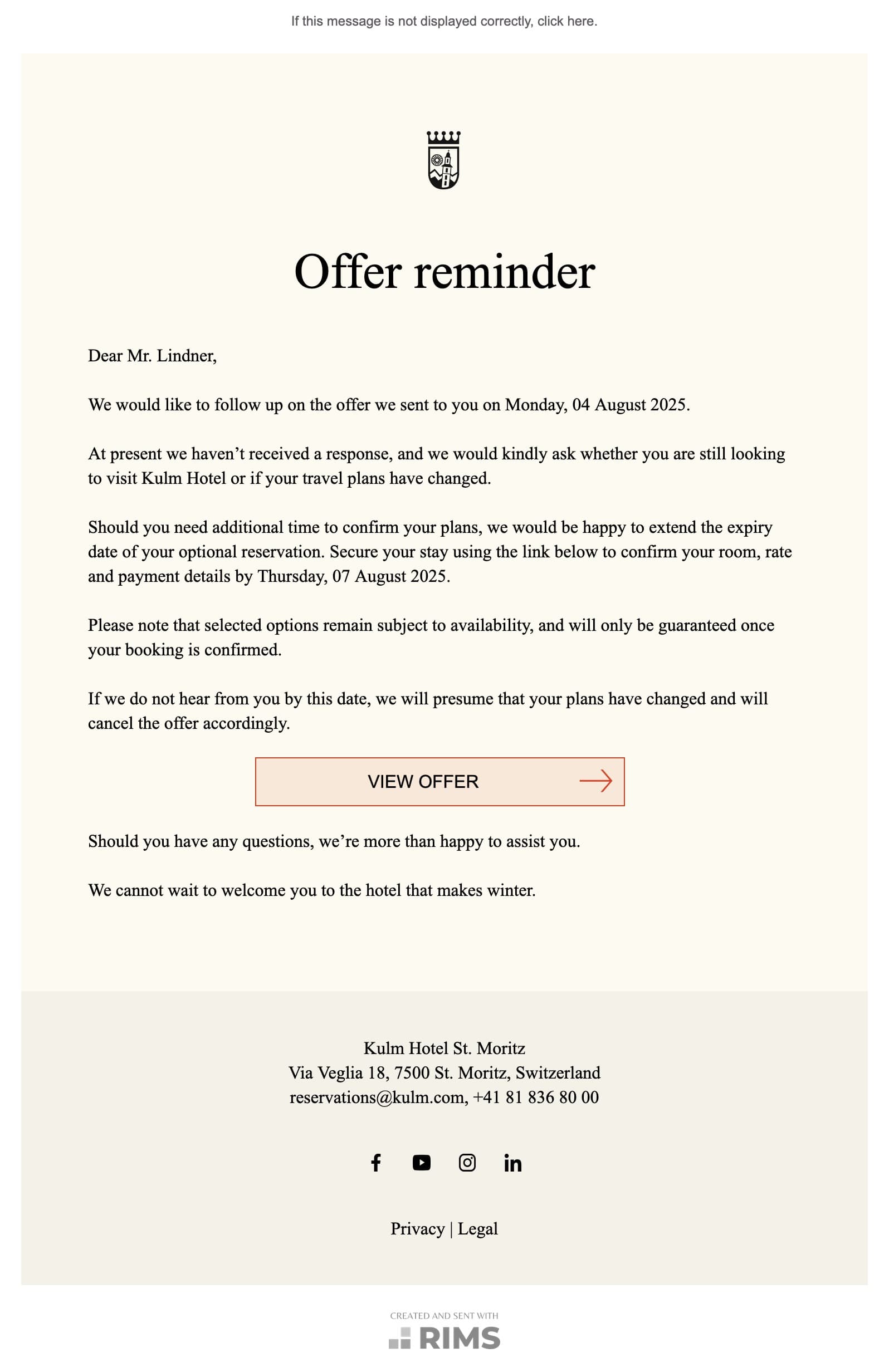 Kulm Hotel St. Moritz Offer Reminder