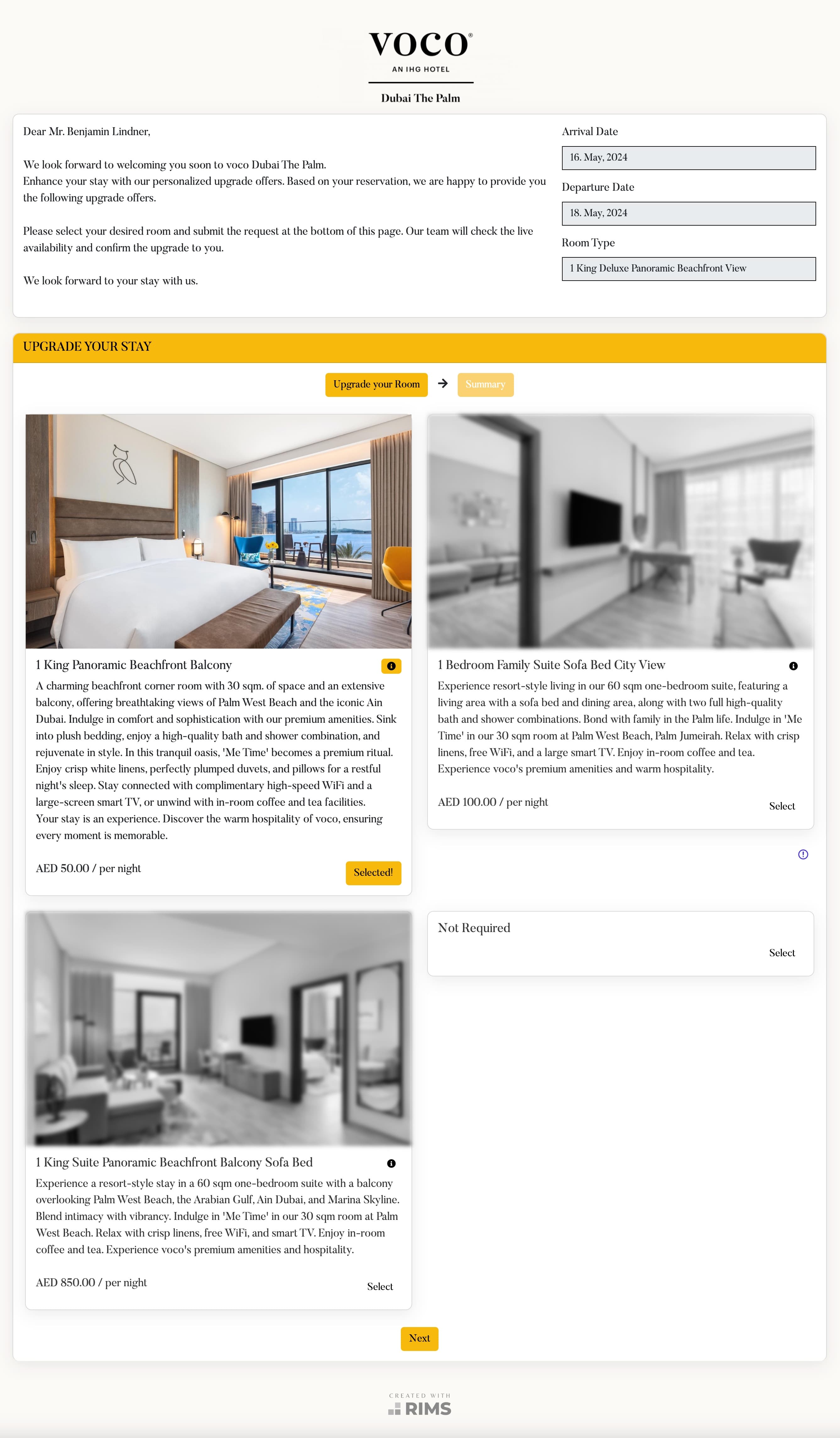 voco Dubai The Palm Room Upsell Page