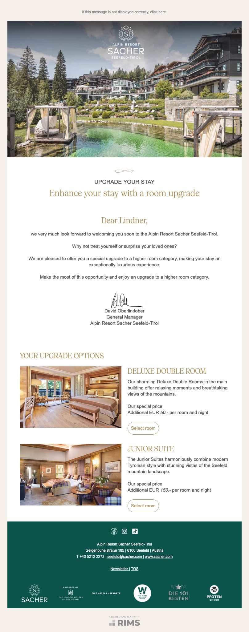 Alpin Resort Sacher Seefeld-Tirol Room Upsell Mailing