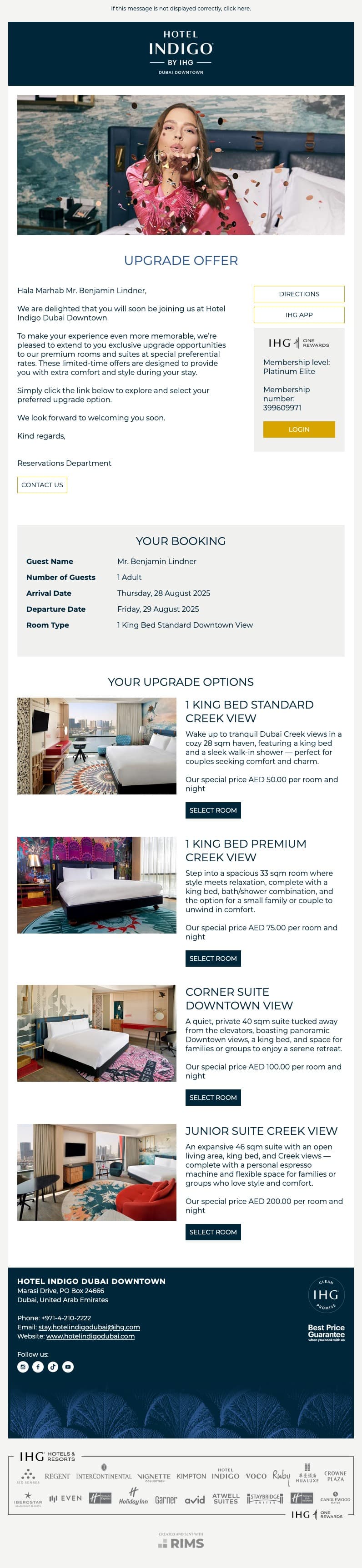 Hotel Indigo Dubai Downtown Room Upsell Mailing