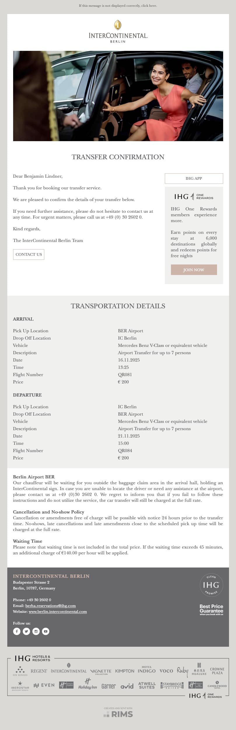 InterContinental Berlin Transfer Confirmation