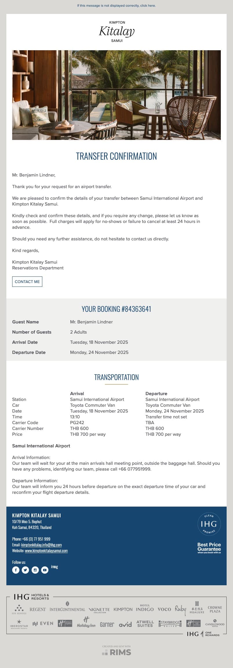 Kimpton Kitalay Samui Transfer Confirmation