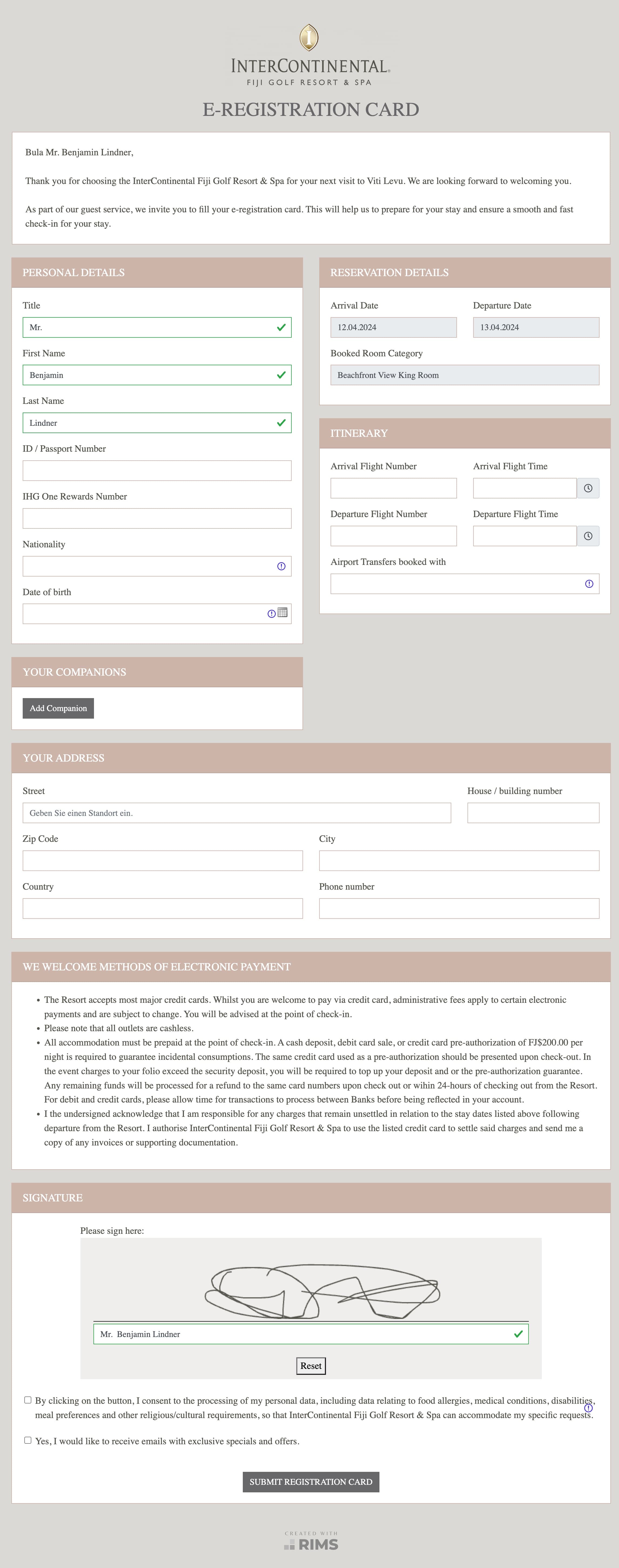 InterContinental Fiji Resort and Spa E-Registration
