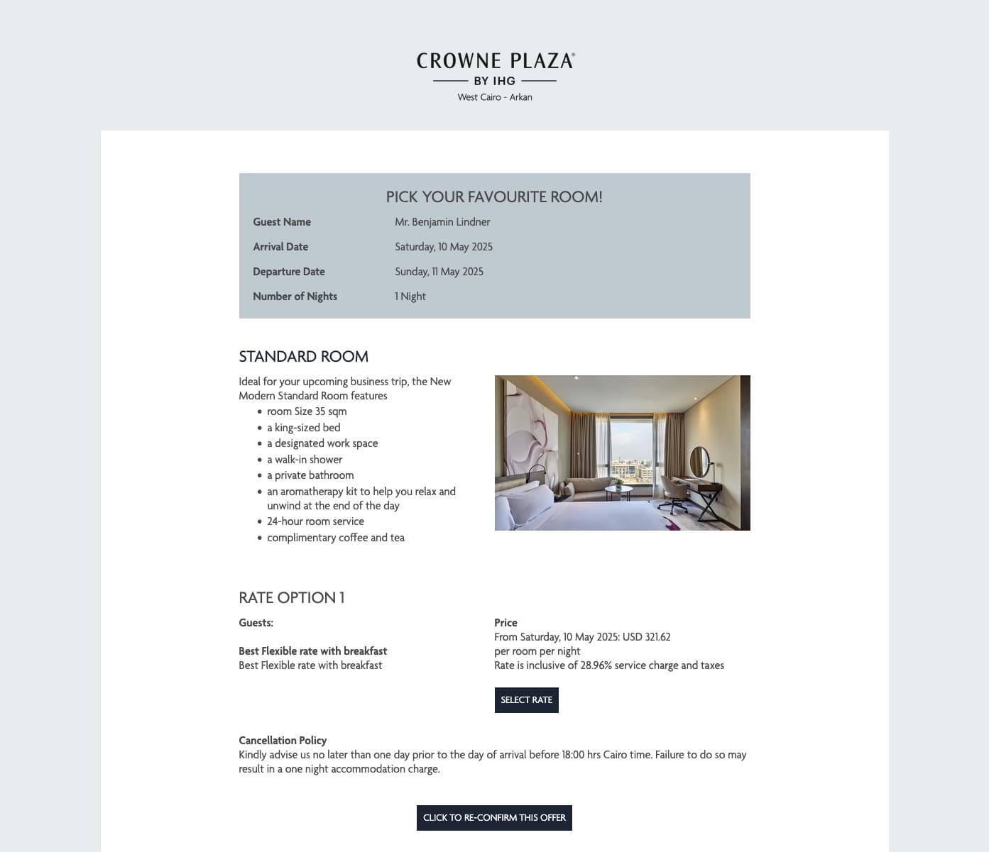 Crowne Plaza West Cairo Offer Reconfirmation