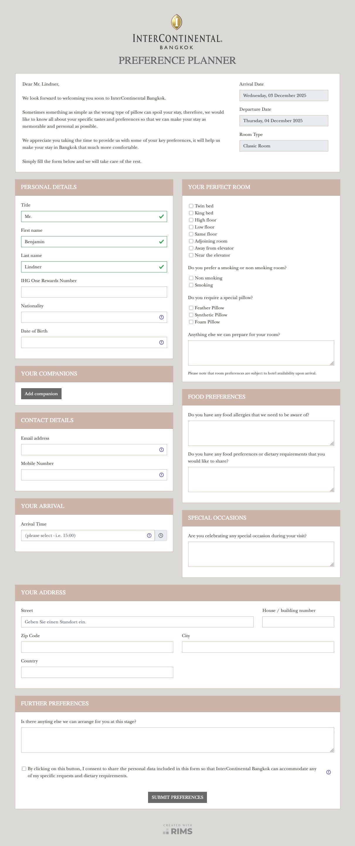 InterContinental Bangkok Preference Planner