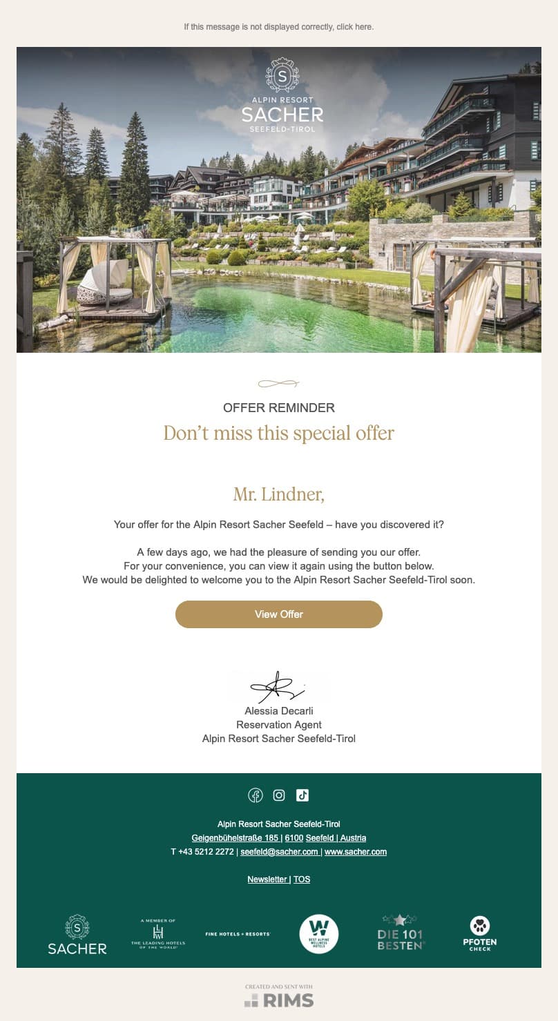 Alpin Resort Sacher Seefeld-Tirol Offer Reminder