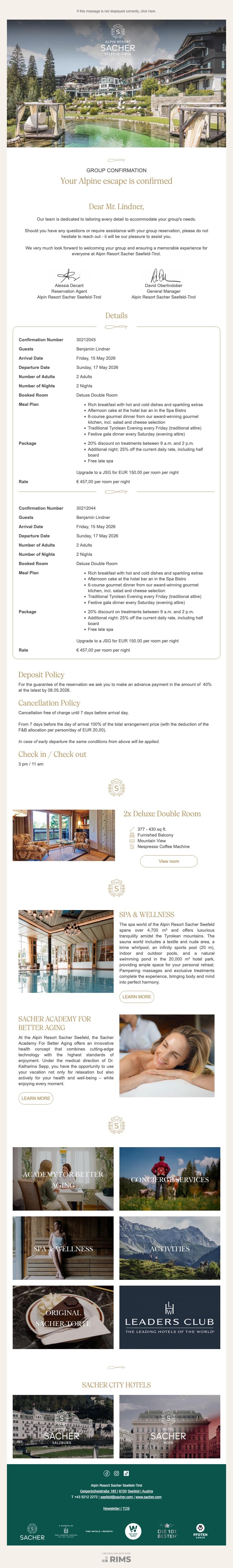 Alpin Resort Sacher Seefeld-Tirol Party Confirmation