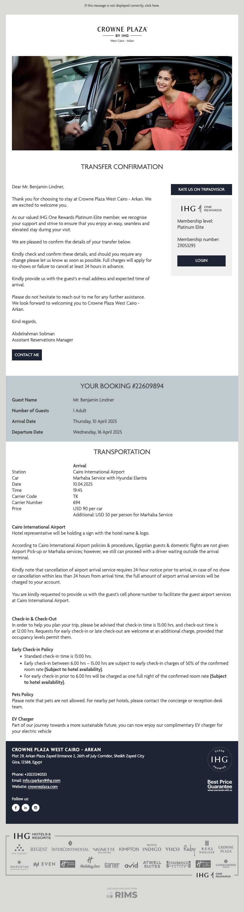 Crowne Plaza West Cairo Transfer Confirmation