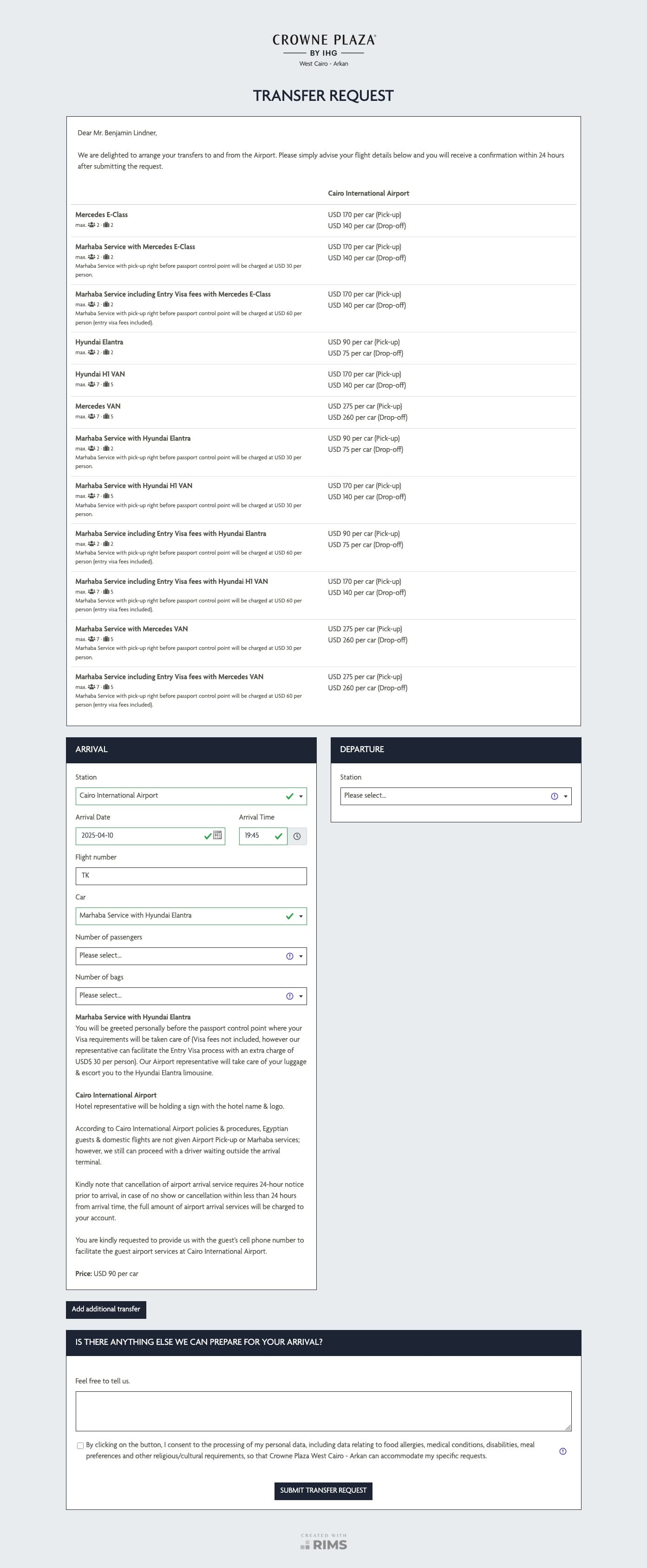 Crowne Plaza West Cairo Transfer Request