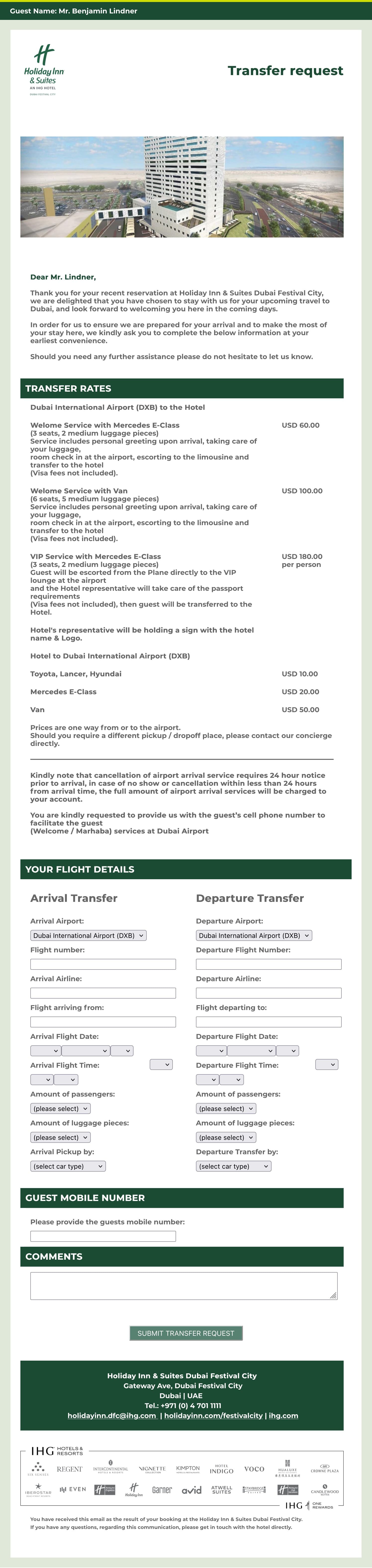 Holiday Inn & Suites Dubai Festival City Transfer Request
